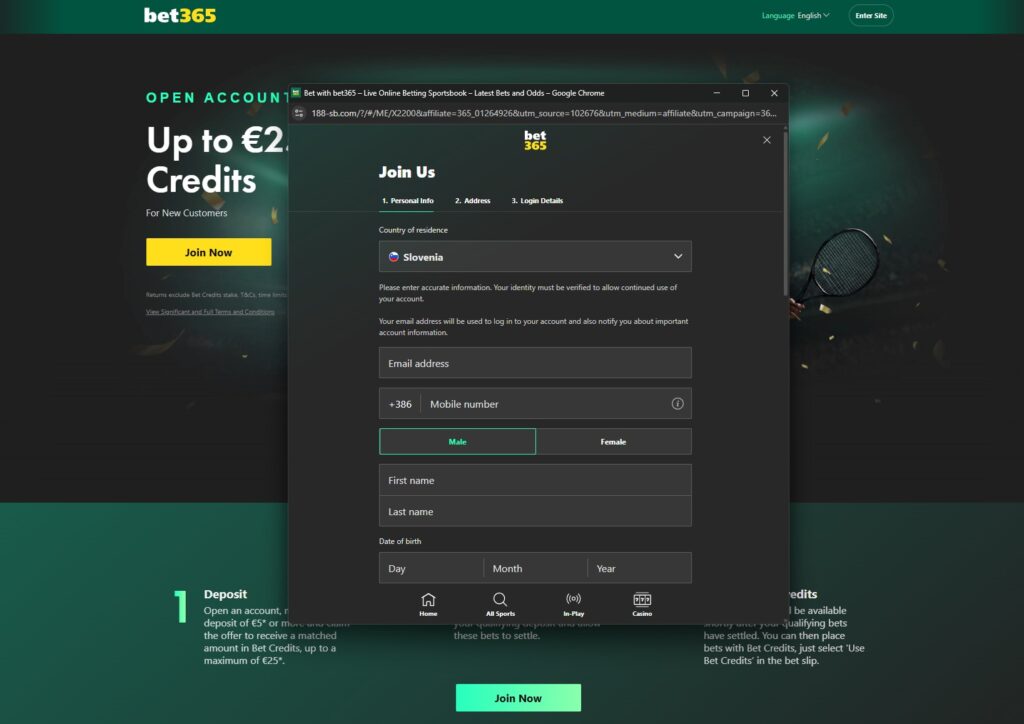 Bet365 – posnetek zaslona stave registracija 3.3.2026